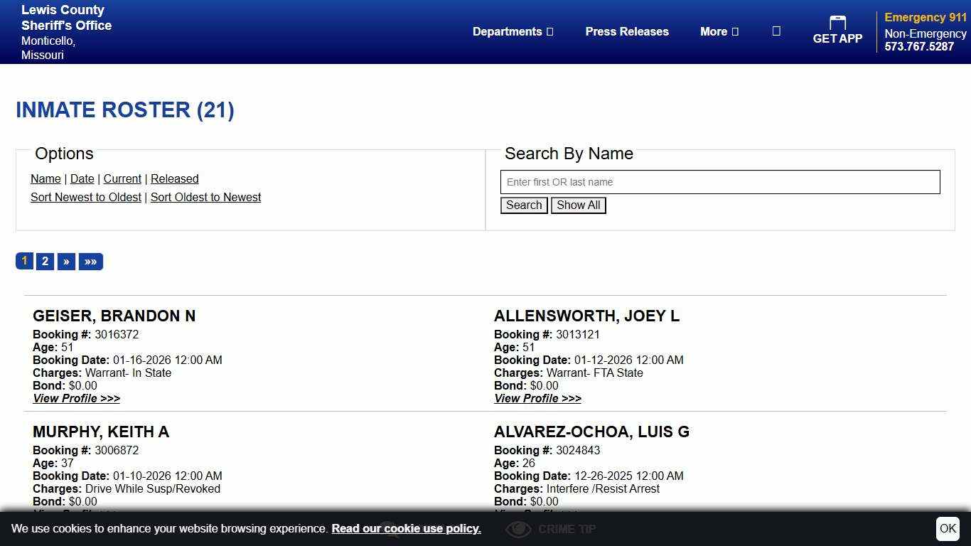 Inmate Roster | Lewis County Sheriff | Sort Booking Time - Descending | Page 1