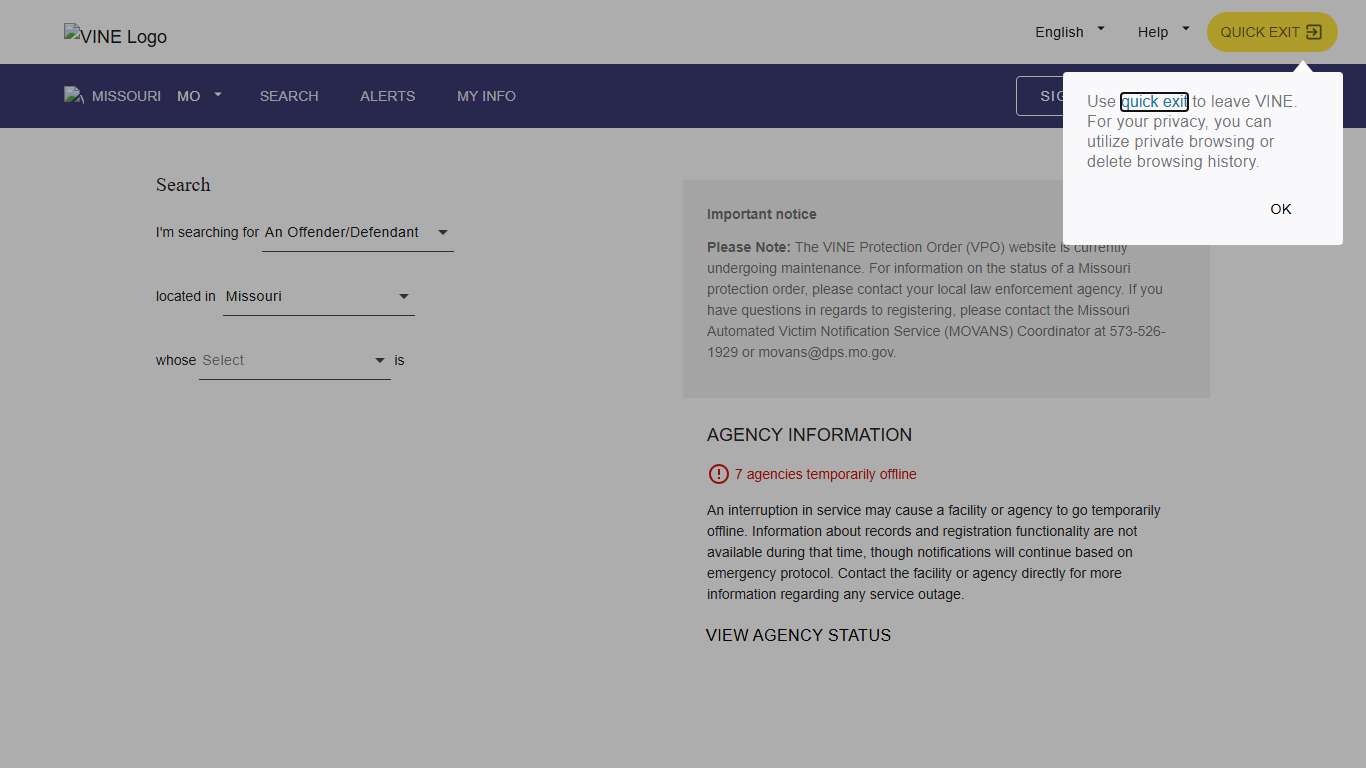 VINELink - Missouri - Search